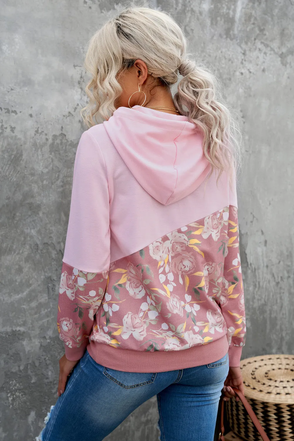 Floral Color Block Cowl Neck Hoodie