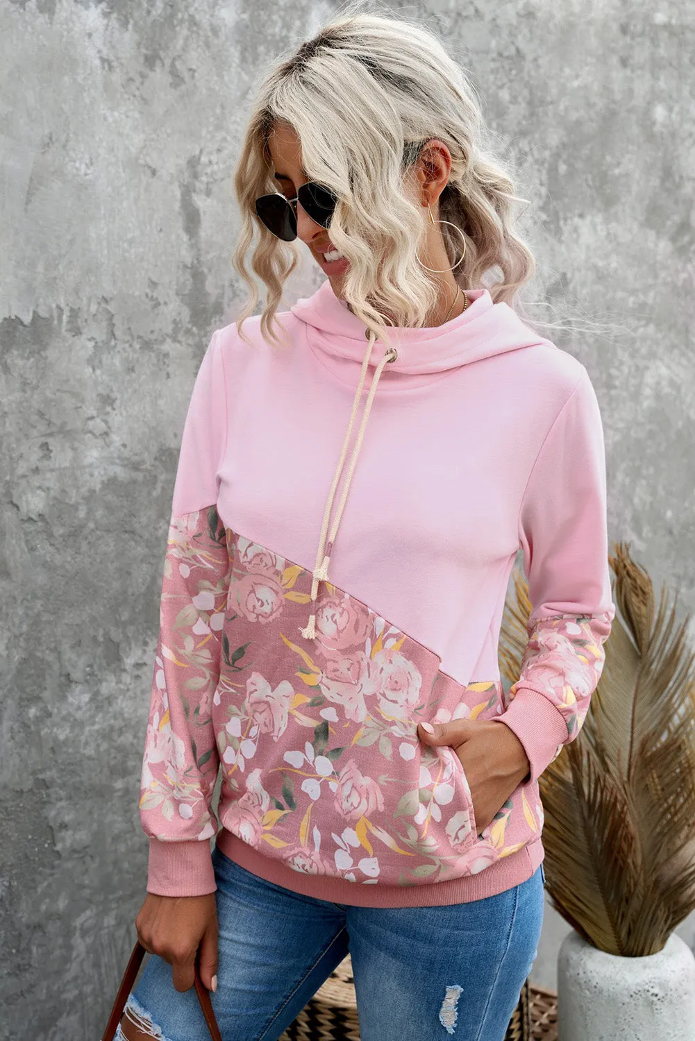 Floral Color Block Cowl Neck Hoodie