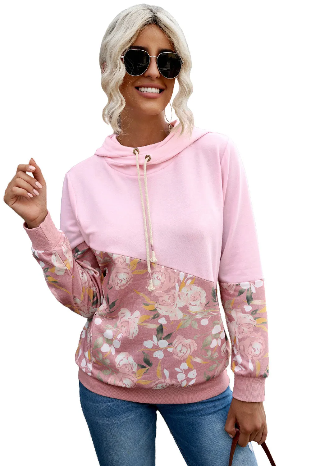 Floral Color Block Cowl Neck Hoodie