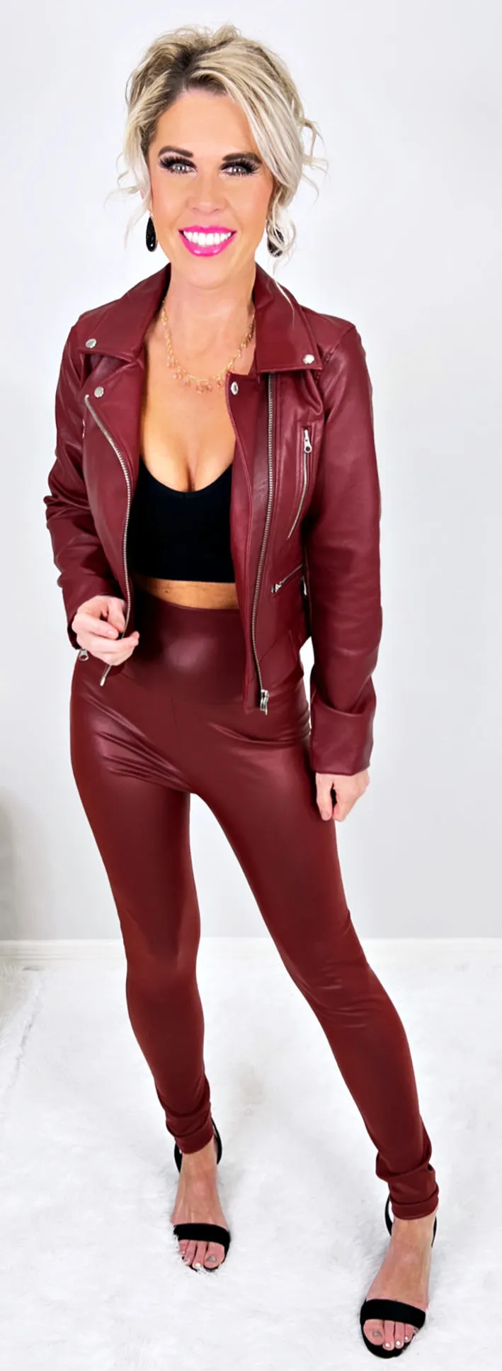 High Waist Faux Leather Leggings - Burgundy