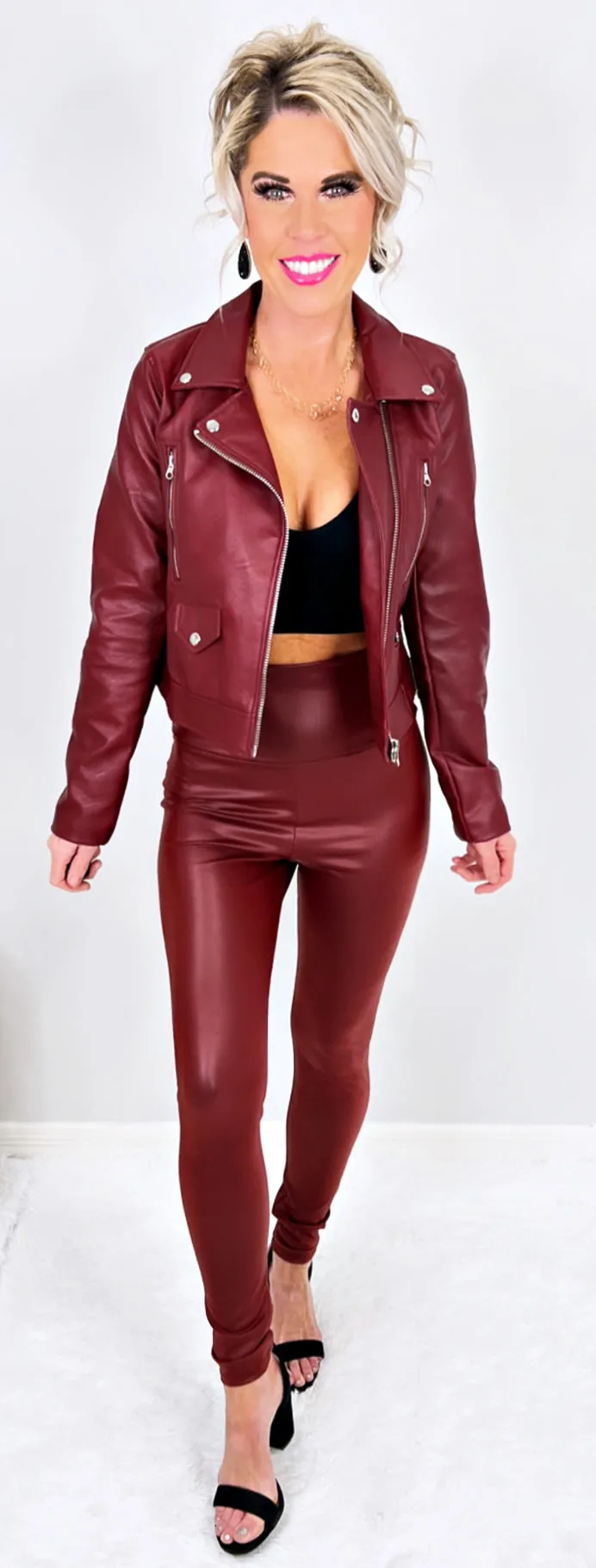 High Waist Faux Leather Leggings - Burgundy