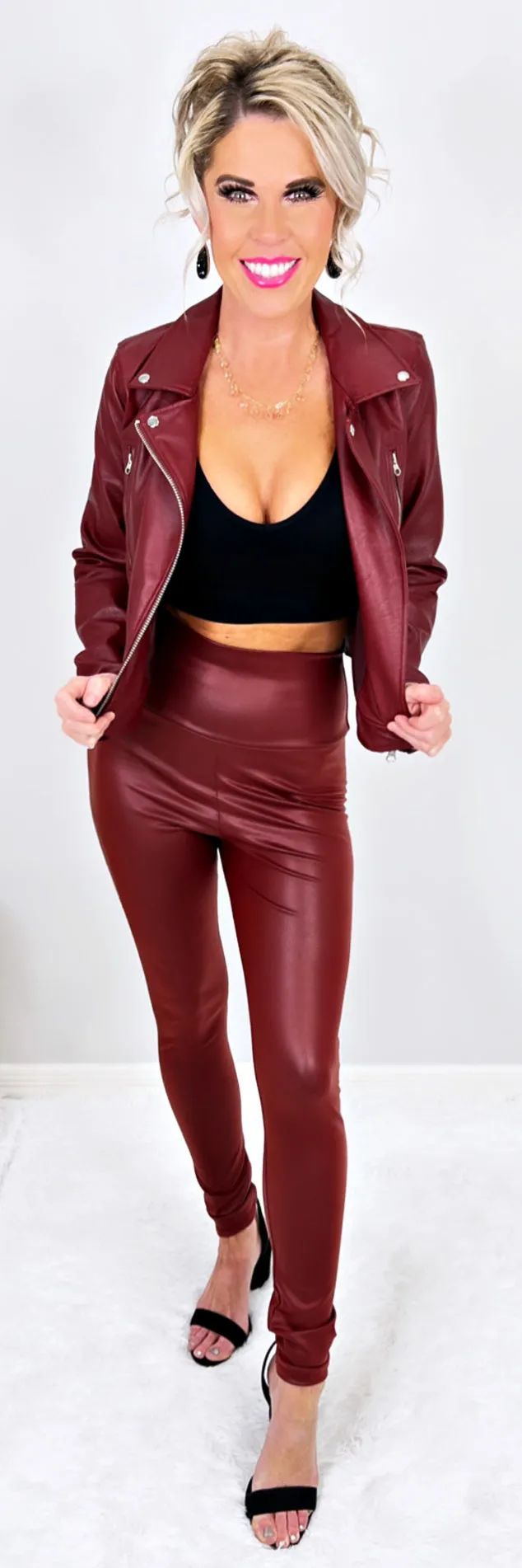 High Waist Faux Leather Leggings - Burgundy