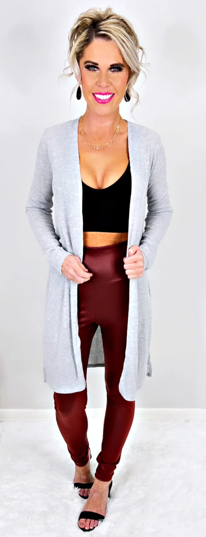 High Waist Faux Leather Leggings - Burgundy