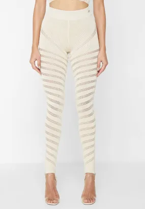 High Waisted Knitted Spiral Contour Leggings - Beige