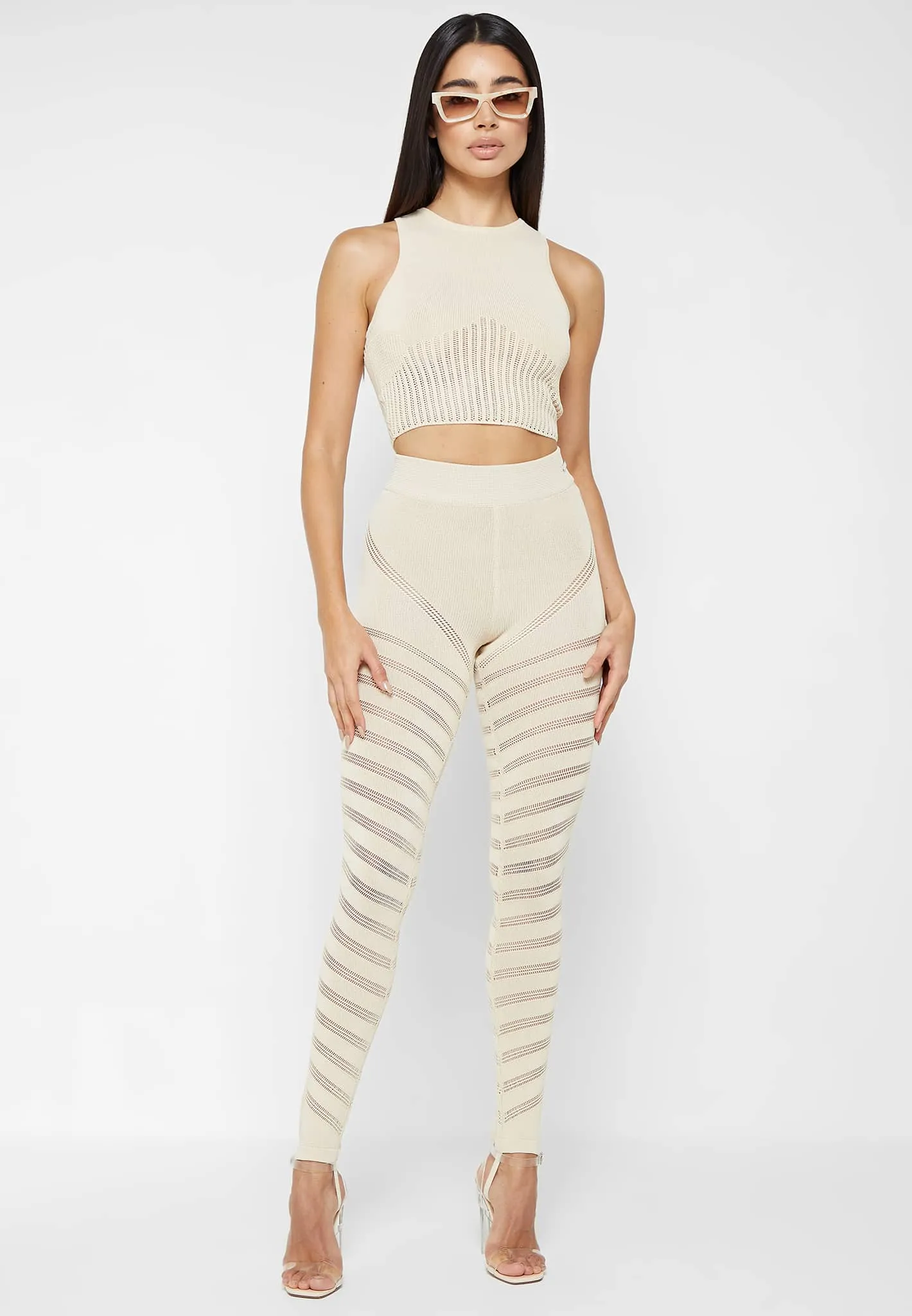 High Waisted Knitted Spiral Contour Leggings - Beige