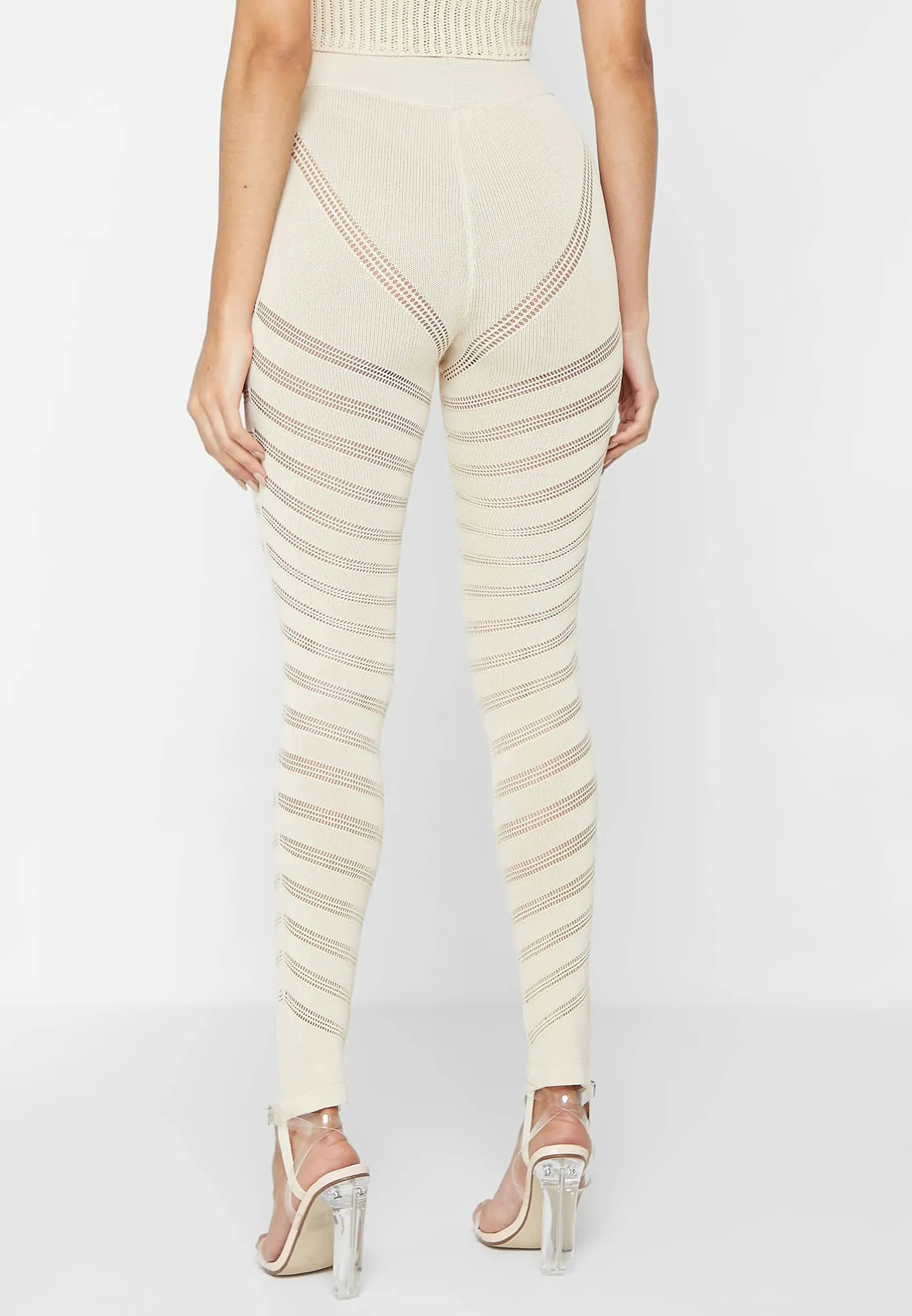 High Waisted Knitted Spiral Contour Leggings - Beige