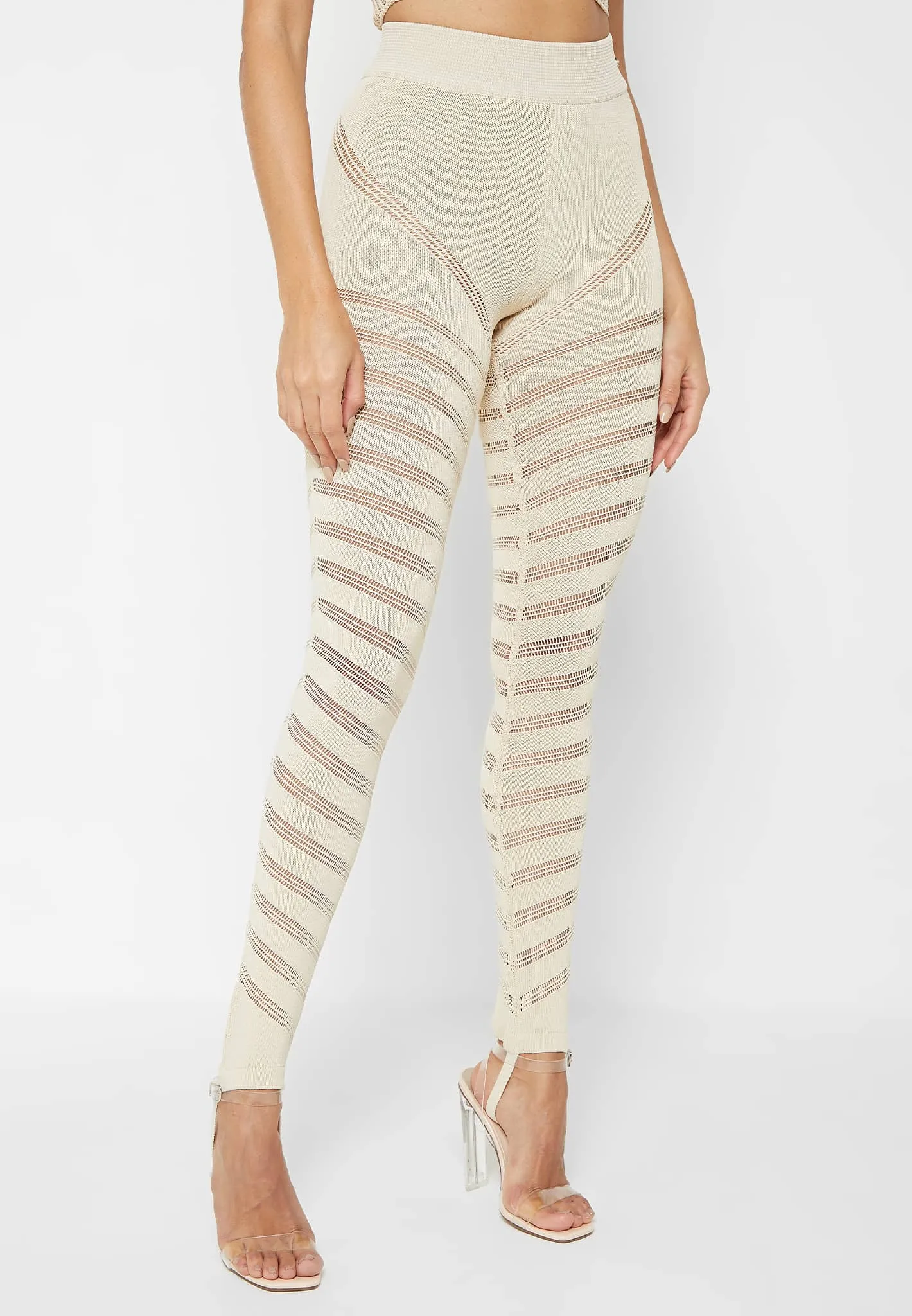 High Waisted Knitted Spiral Contour Leggings - Beige