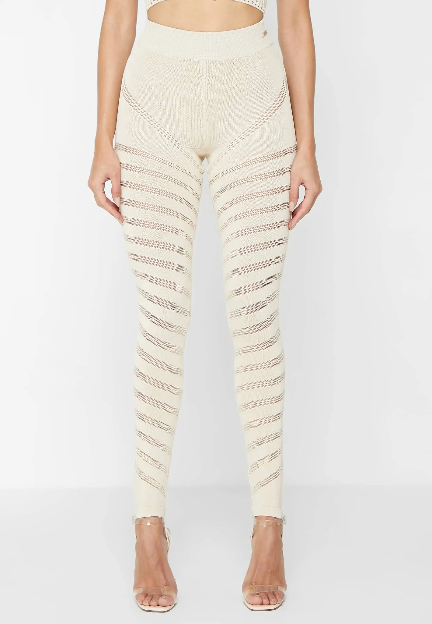 High Waisted Knitted Spiral Contour Leggings - Beige