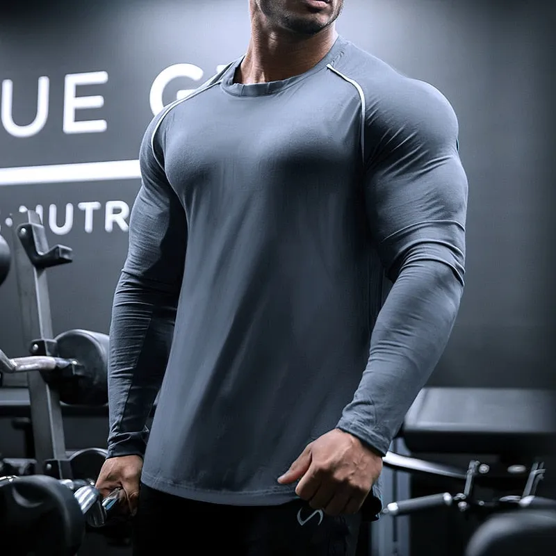 Jinquedai Men Long Sleeve Shirts Quick Dry Bodybuilding for Men Workout Gym Fitness Casual T Shirt Undershirts