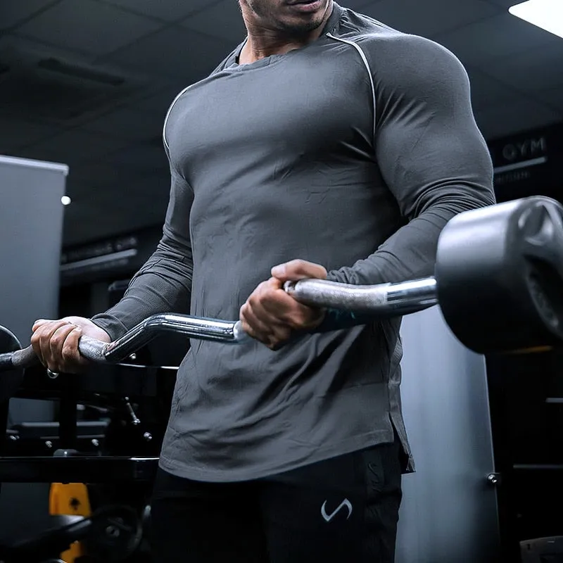 Jinquedai Men Long Sleeve Shirts Quick Dry Bodybuilding for Men Workout Gym Fitness Casual T Shirt Undershirts