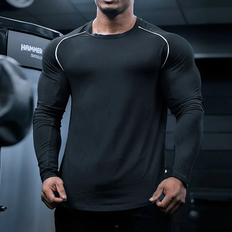 Jinquedai Men Long Sleeve Shirts Quick Dry Bodybuilding for Men Workout Gym Fitness Casual T Shirt Undershirts