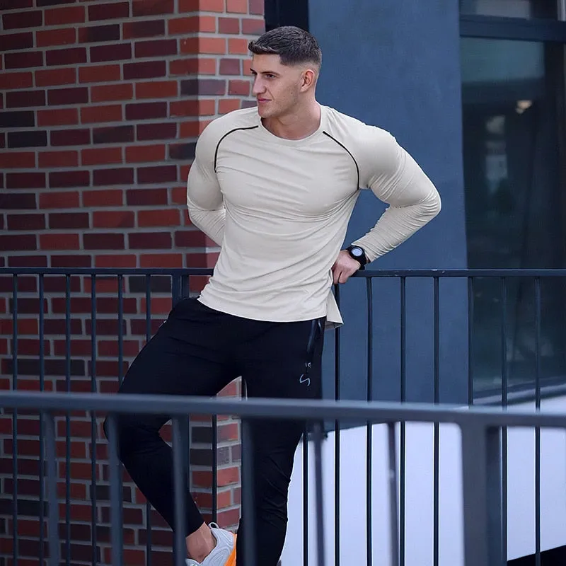 Jinquedai Men Long Sleeve Shirts Quick Dry Bodybuilding for Men Workout Gym Fitness Casual T Shirt Undershirts