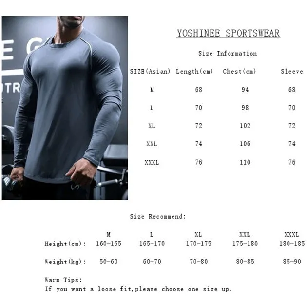 Jinquedai Men Long Sleeve Shirts Quick Dry Bodybuilding for Men Workout Gym Fitness Casual T Shirt Undershirts