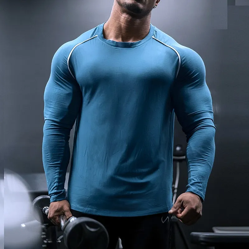 Jinquedai Men Long Sleeve Shirts Quick Dry Bodybuilding for Men Workout Gym Fitness Casual T Shirt Undershirts