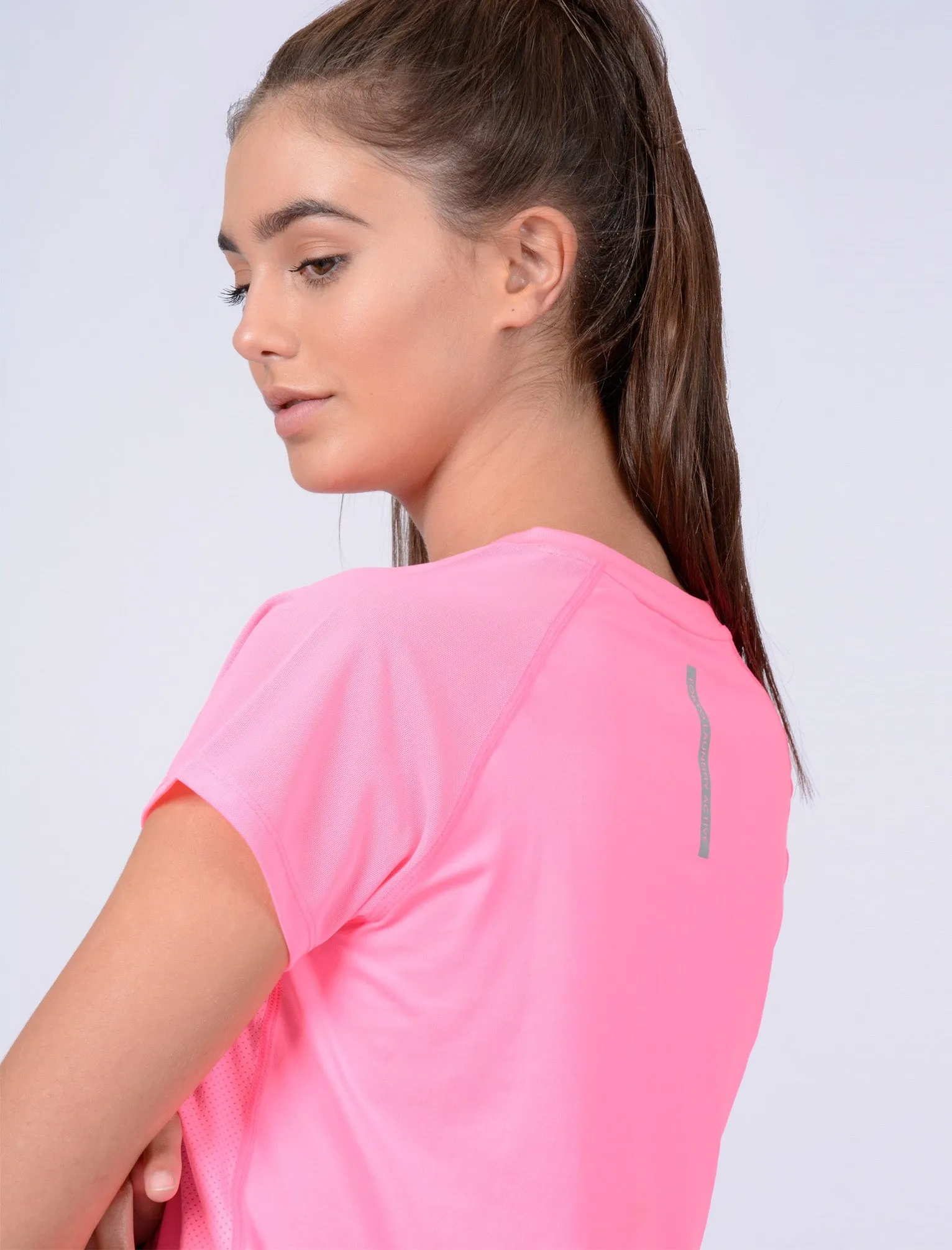 Larke Mesh Panel Fitted Sports Top in Neon Pink - Tokyo Laundry Active