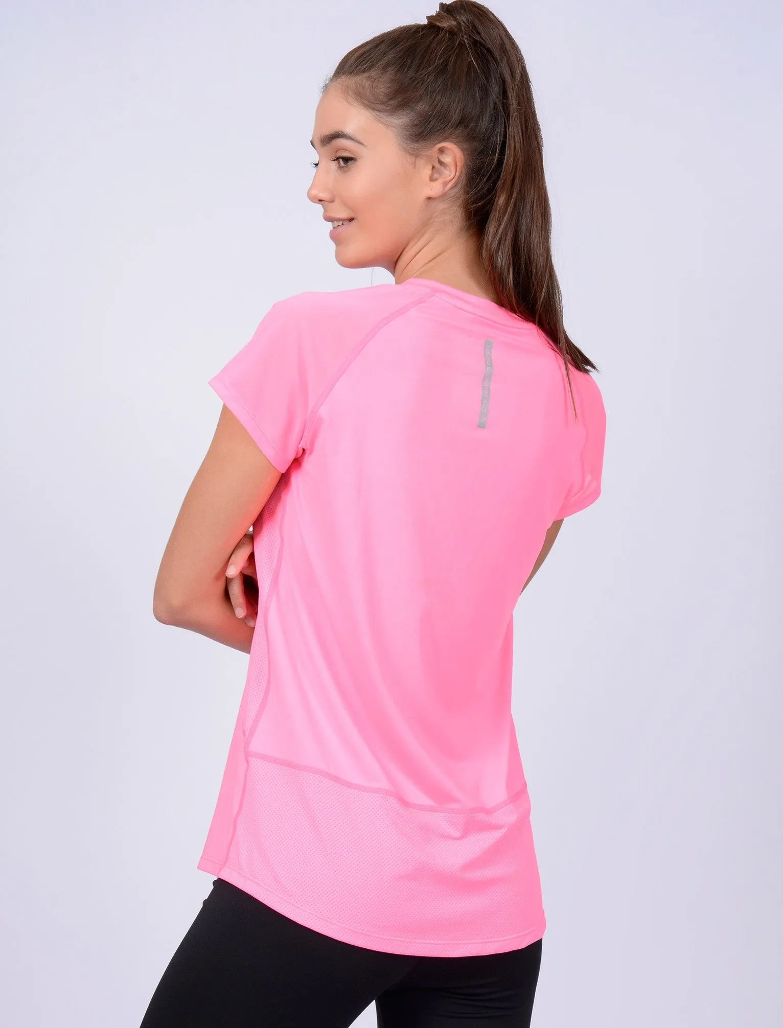 Larke Mesh Panel Fitted Sports Top in Neon Pink - Tokyo Laundry Active