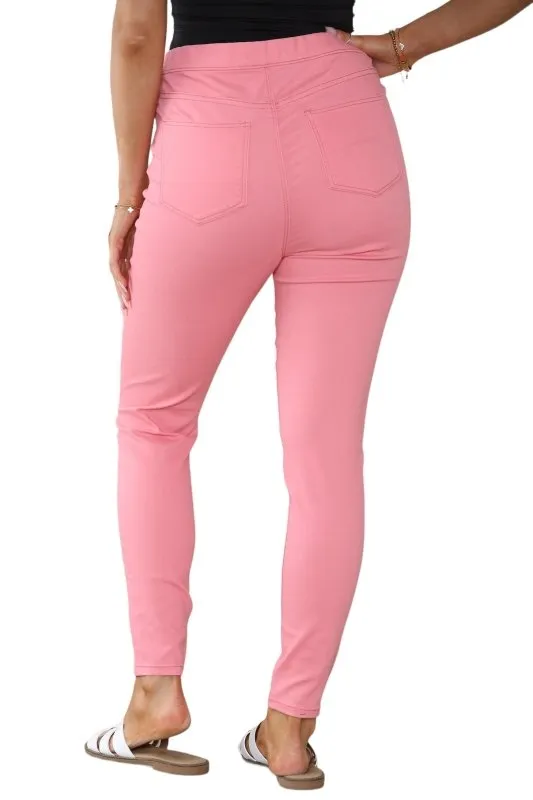 Women's Mocha, Pink, Light Mint, Navy High Waisted Skinny Fit Stretch Jeans Denim Jeggings with Elasticated Waist - Smart Casual Summer Fashion Trousers Leggings